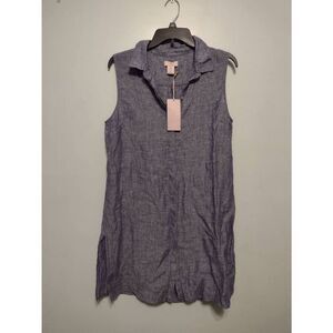 NWT St. Tropez West Blue Linen Button Up Collared Tunic Dress Swim Cover Size M
